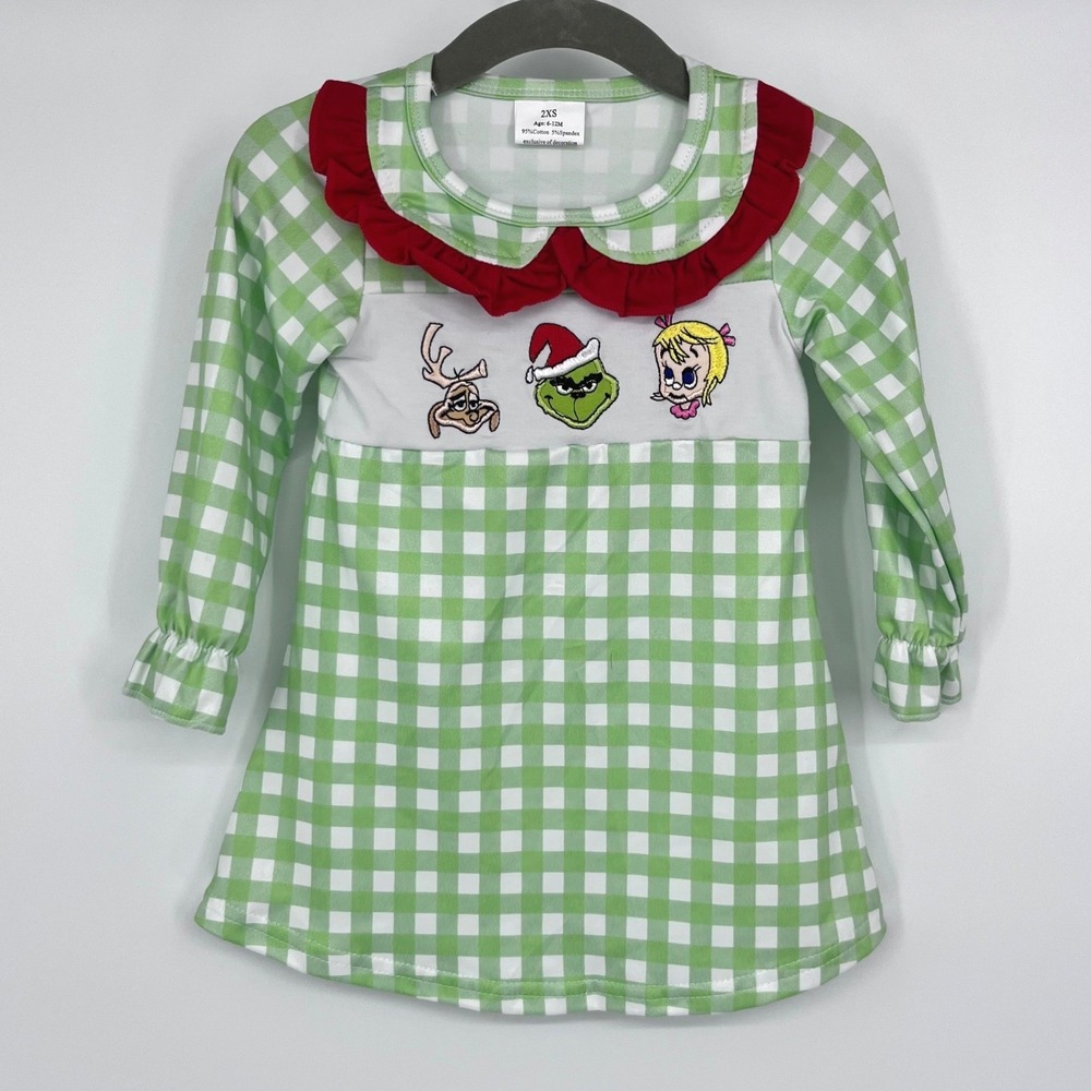 Grinch Christmas Dress Girls 6-12M Green Gingham Ruffle Embroidery Holidays
